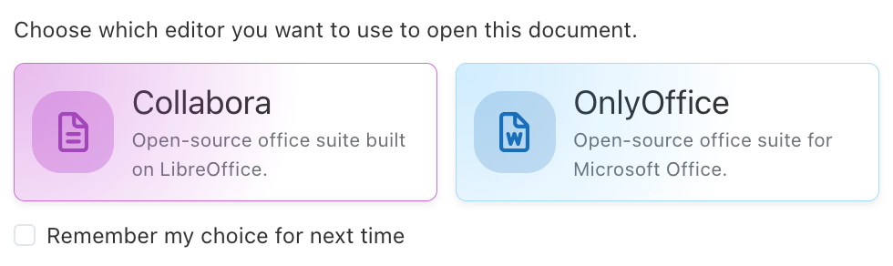 Editoren Sync-in-Editor-Auswahl zwischen Collabora Online und OnlyOffice