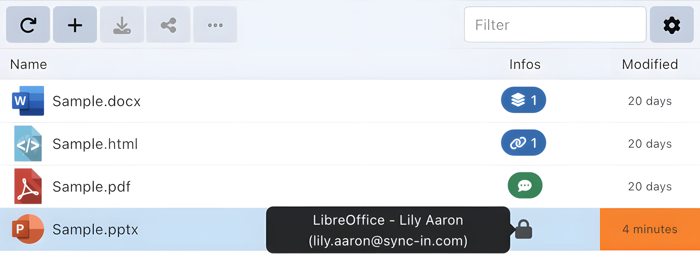 Dateimetadaten Sync-in-Dateimanager zeigt Dateimetadaten und den Status der Zusammenarbeit an