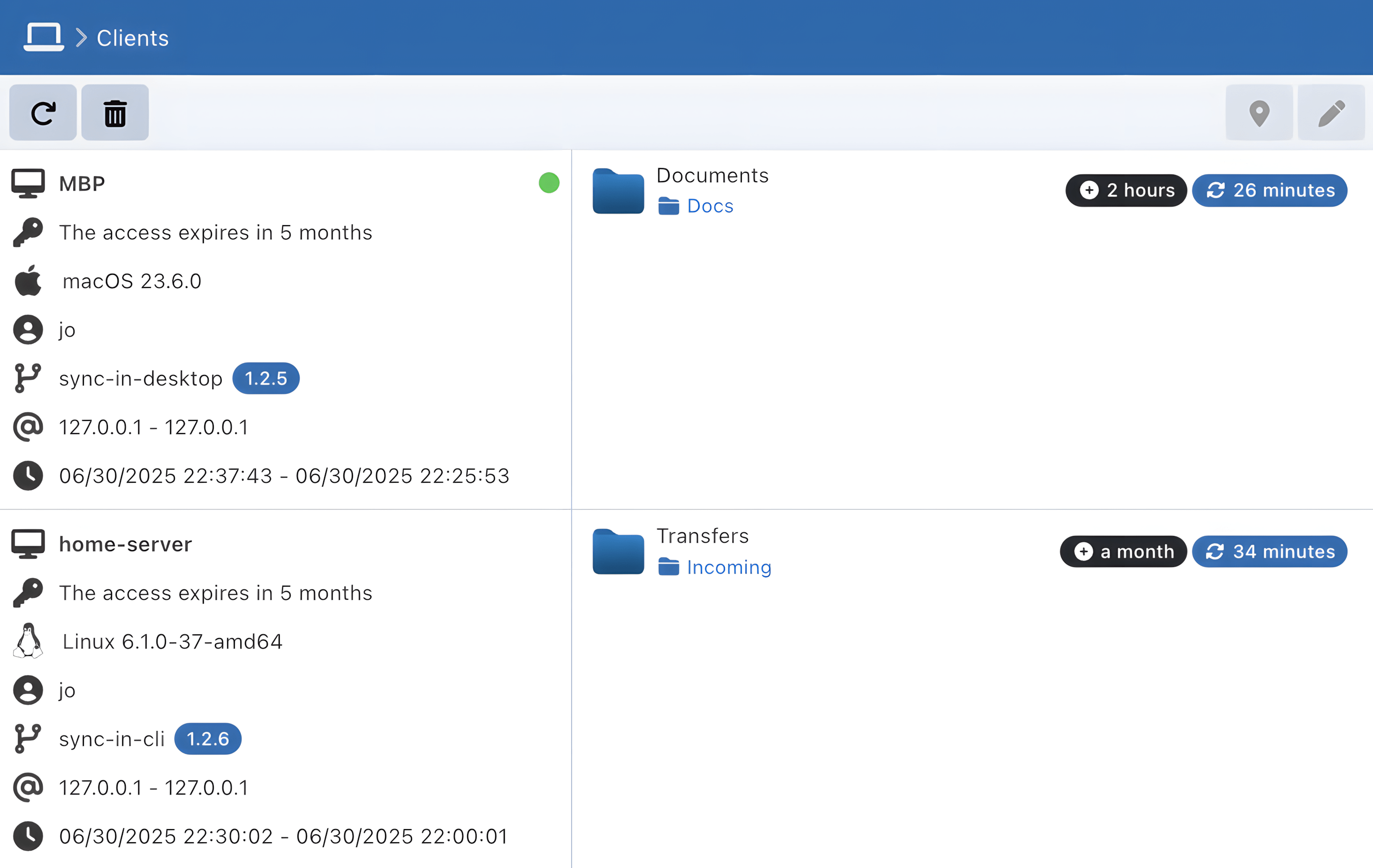 Clientes de aplicación de Sync-in y rutas de sincronización