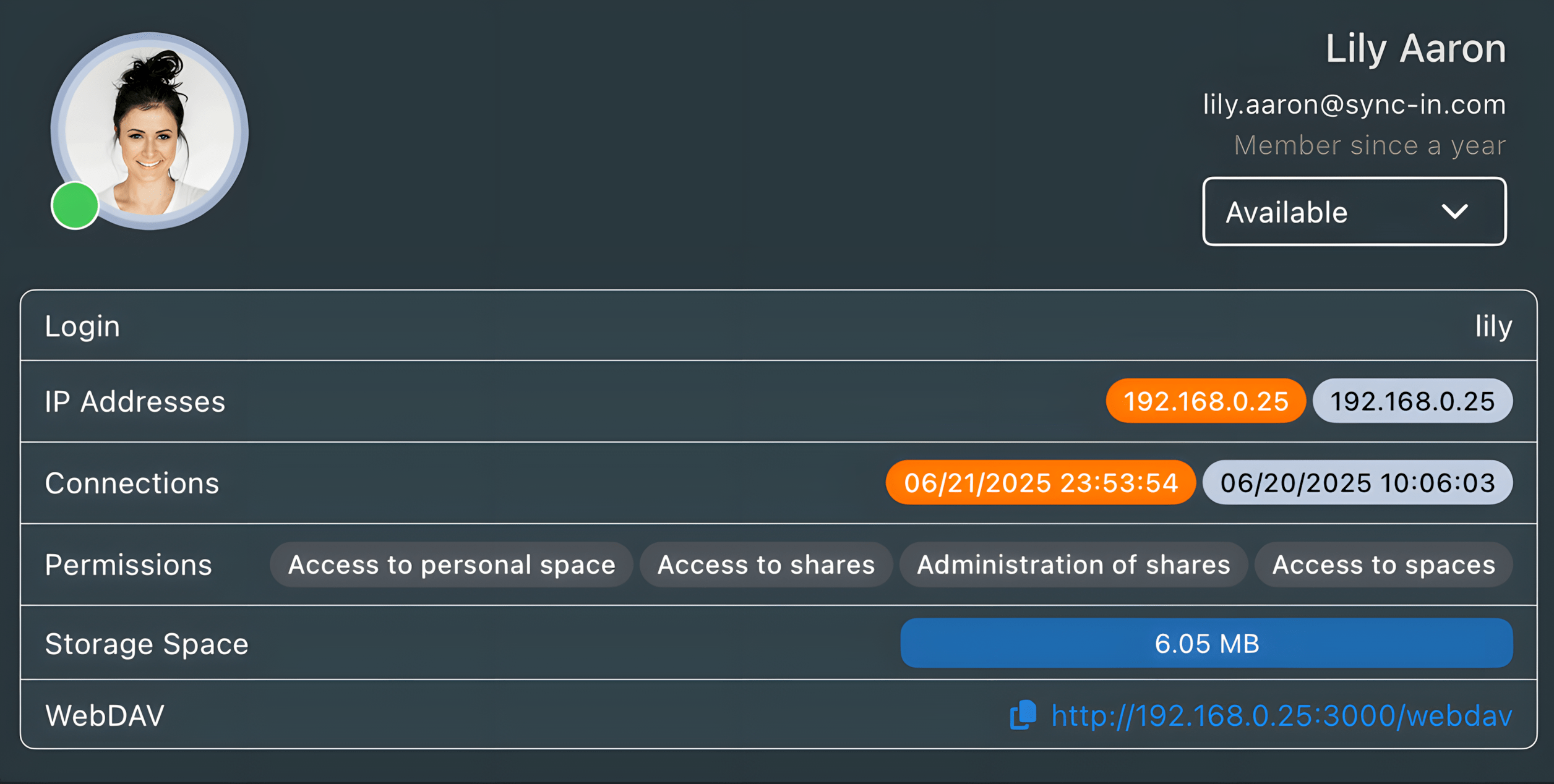 Perfil de la cuenta de Sync-in y descripción general de seguridad