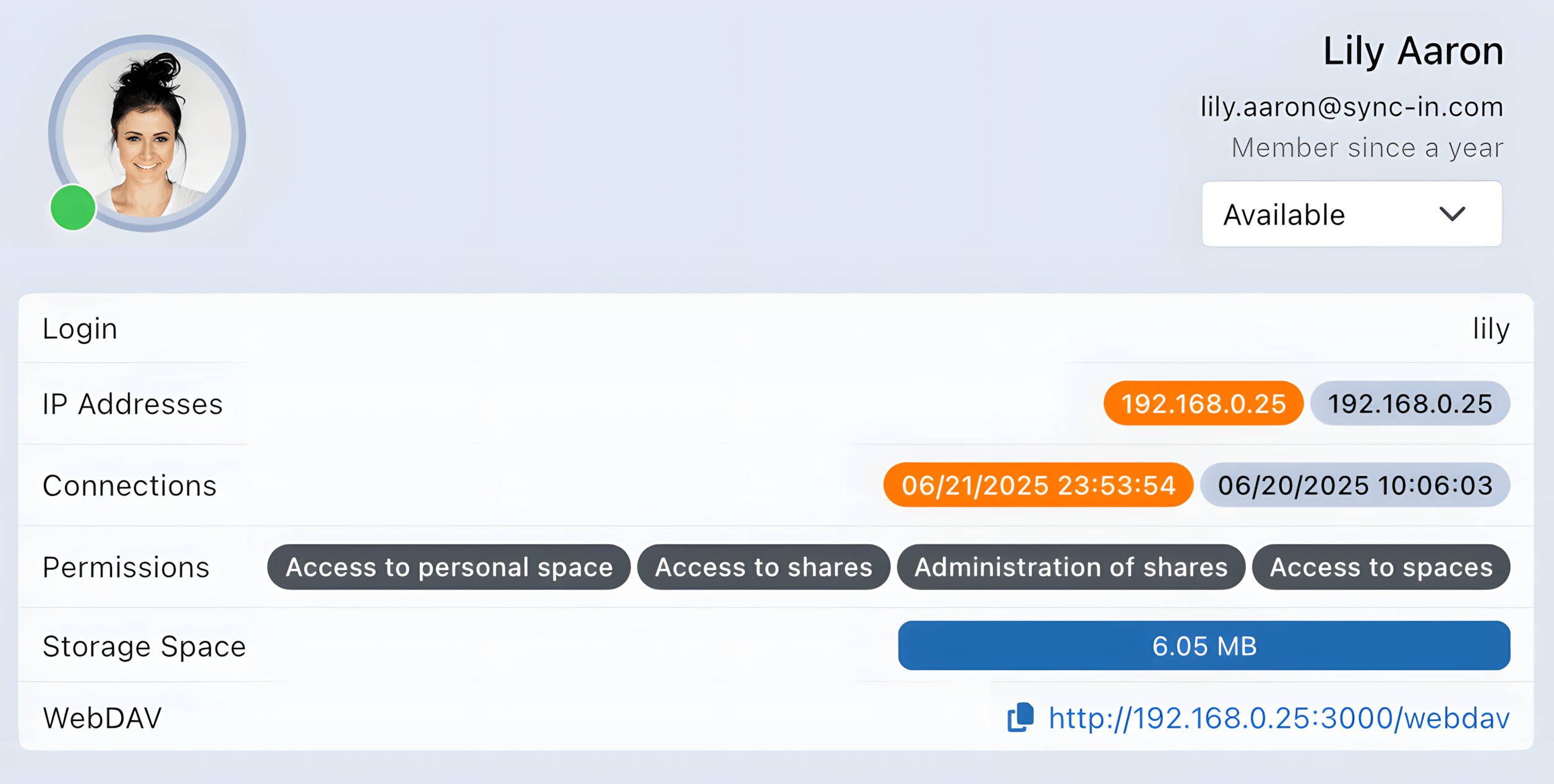 Perfil de la cuenta de Sync-in y descripción general de seguridad